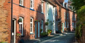Residential buildings along the street in small British town Bridgnorth. Shropshire, West Midlands, England.