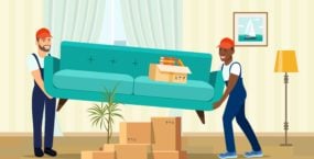 Two workers are carrying a sofa. Moving boxes in new house. Vector flat style illustration