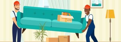 Two workers are carrying a sofa. Moving boxes in new house. Vector flat style illustration