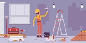Repair of apartments and worker painting walls - cartoon