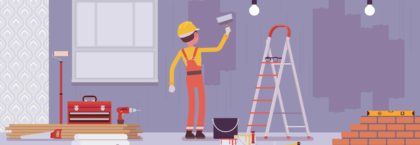 Repair of apartments and worker painting walls - cartoon