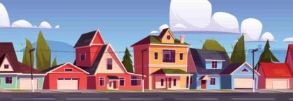 Suburb houses, suburban street with residential cottages - cartoon