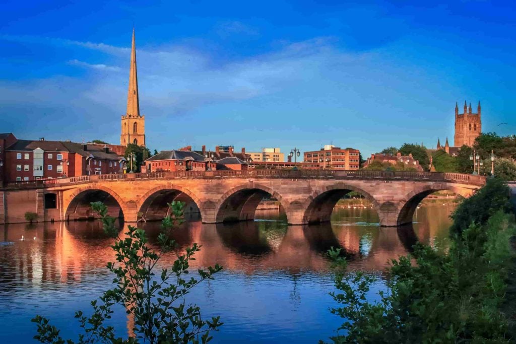 Sunset over bridge in Worcester