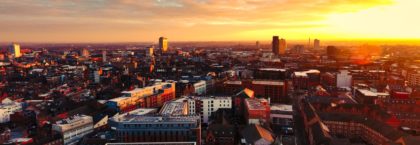 Ariel view of Leicester city centre at dusk