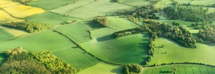 Aerial photography of green fields in English countryside